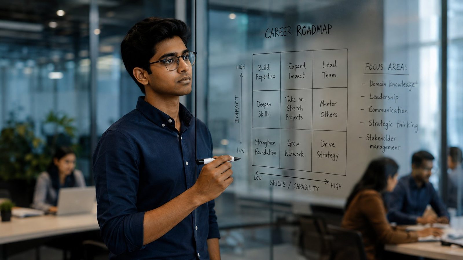 Young professional mapping his career position on a glass wall grid
