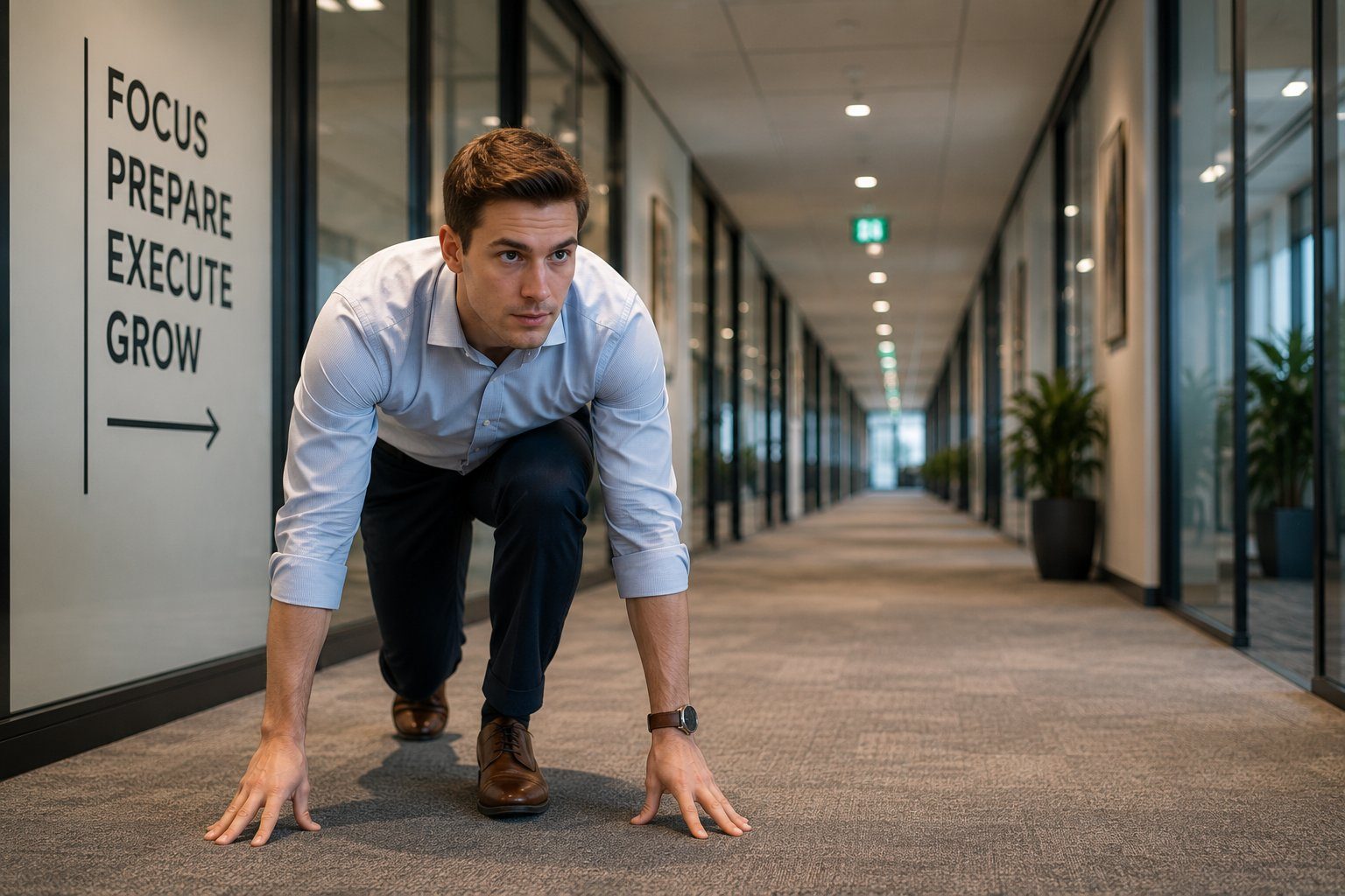 Professional at a starting position in an office corridor